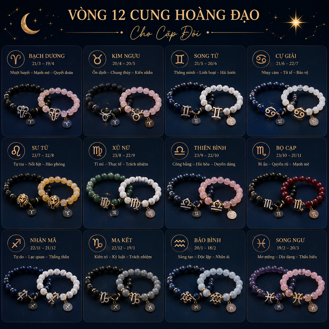 Các mẫu vòng tay 12 cung hoàng đạo làm từ đá phong thủy tự nhiên